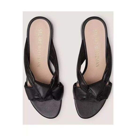 Stuart Weitzman Playa 35 Knot Slide Sandals Black Leather Size 11 Block Heel - Picture 2 of 9